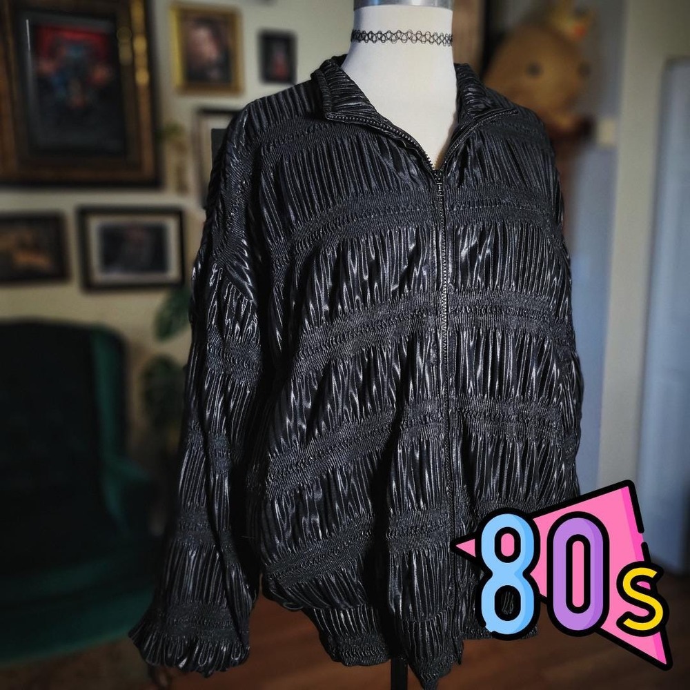 Pat-P Bomber Jacket Vintage 80s Black Pleated Metallic Sheen Ruched Zip Up XL